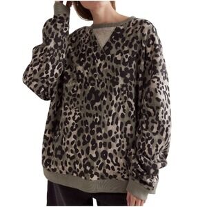 Free People We The Free Camo Leopard Sweatshirt Women's M Gray Oversized Terry